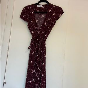 Purple floral wrap midi dress